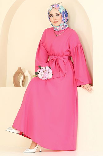 moda selvim Yarım Fermuarlı Tesettür Elbise 4407CR1136 Fuşya - Thumbnail