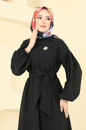 moda selvim Yarım Fermuarlı Tesettür Elbise 4407CR1136 Siyah - Thumbnail