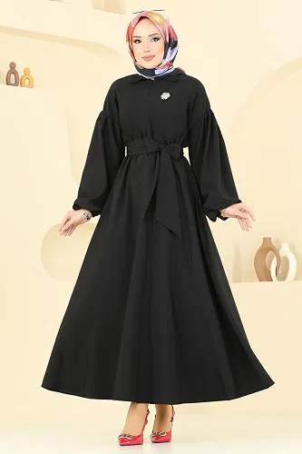 moda selvim Yarım Fermuarlı Tesettür Elbise 4407CR1136 Siyah - Thumbnail