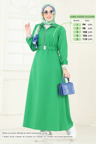 moda selvim Yarım Fermuarlı Tesettür Elbise 804OZN1046 Benetton Yeşili - Thumbnail