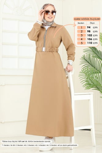 moda selvim Yarım Fermuarlı Tesettür Elbise 804OZN1046 Latte - Thumbnail