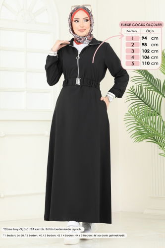 moda selvim Yarım Fermuarlı Tesettür Elbise 804OZN1046 Siyah - Thumbnail