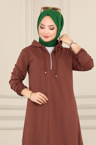 moda selvim Yarım Fermuarlı Tesettür Takım 3022MNT741 Kahve - Thumbnail