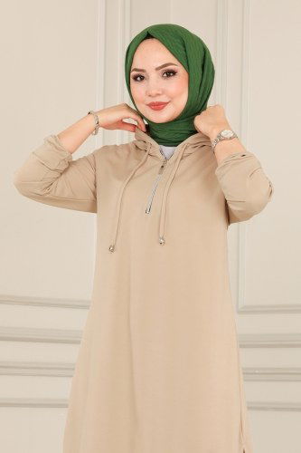 moda selvim Yarım Fermuarlı Tesettür Takım 3022MNT741 Taş - Thumbnail