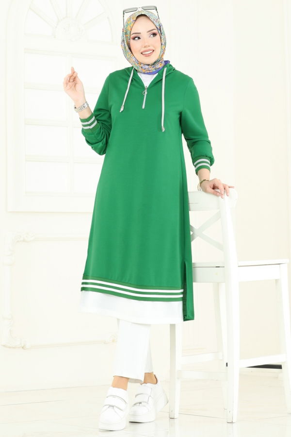 Modaselvim Tunik Yarım Fermuarlı Tesettür Tunik 399DVL817 Benetton Yeşili