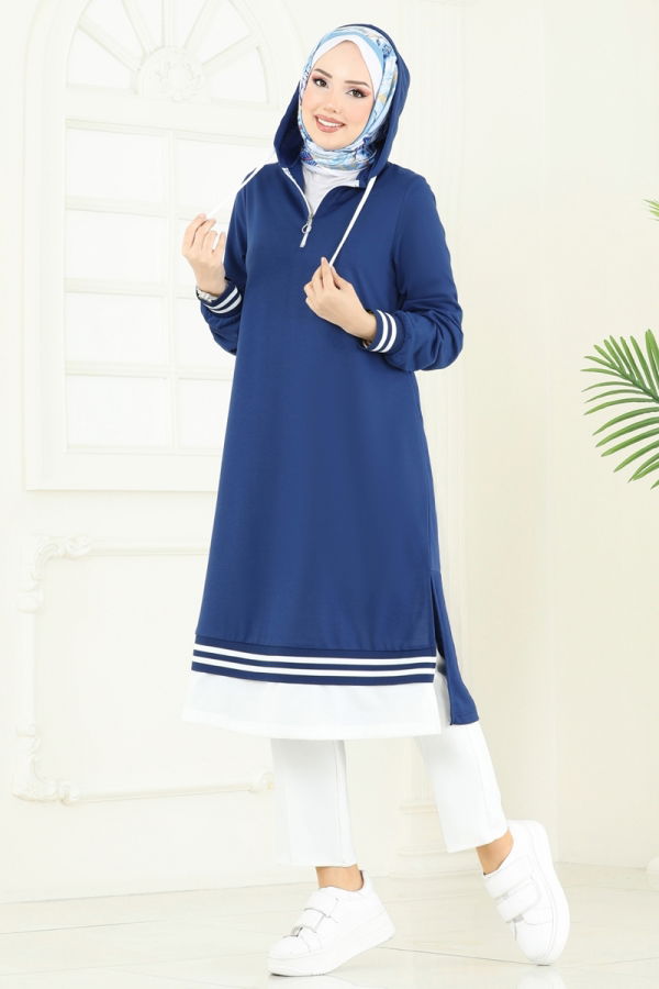 Modaselvim Tunik Yarım Fermuarlı Tesettür Tunik 399DVL817 İndigo