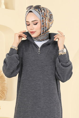 moda selvim Yarım Fermuarlı Triko Elbise 1299TPK1167 Antrasit - Thumbnail