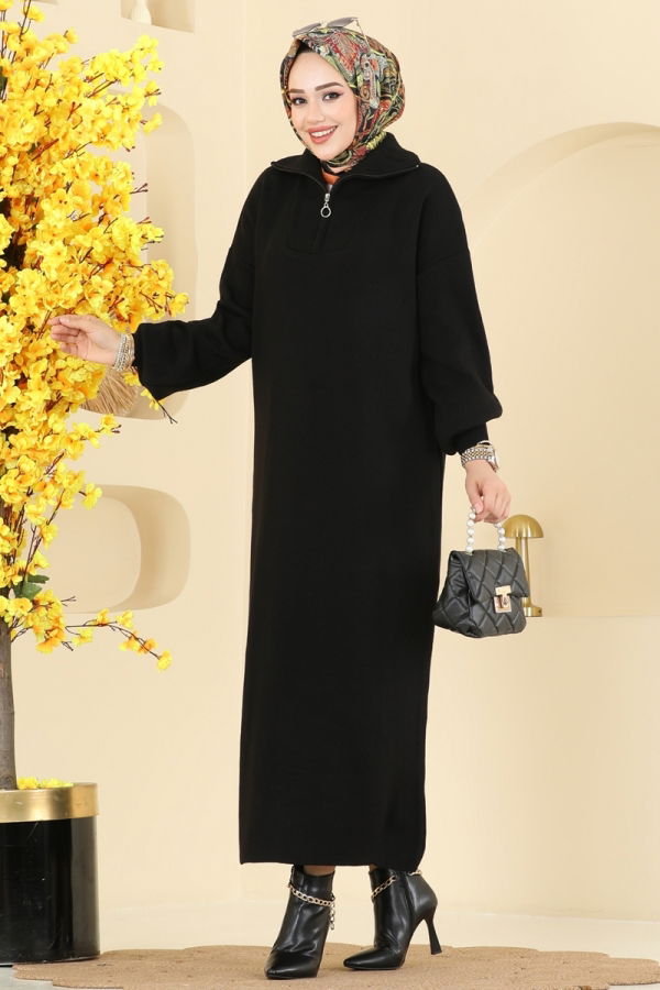 Modaselvim Elbise Yarım Fermuarlı Triko Elbise 1299TPK1167 Siyah