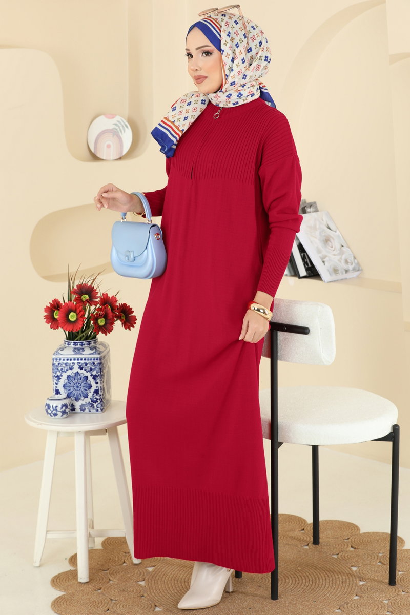 Yarım Fermuarlı Triko Elbise 2736AYD574 Kırmızı