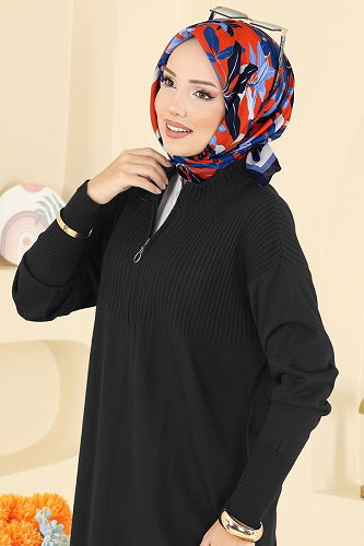 moda selvim Yarım Fermuarlı Triko Elbise 2736AYD574 Siyah - Thumbnail