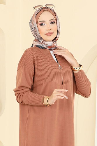 moda selvim Yarım Fermuarlı Triko Elbise 2736AYD574 Soğan Kabuğu - Thumbnail