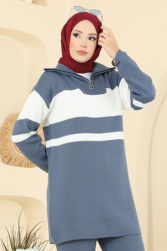 moda selvim Yarım Fermuarlı Triko Takım 2738AYD574 İndigo - Thumbnail