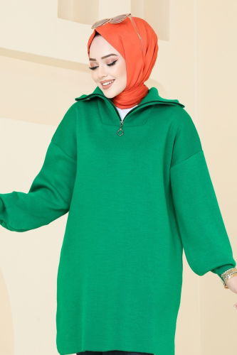 moda selvim Yarım Fermuarlı Triko Tunik 1010KLN570 Benetton Yeşili - Thumbnail