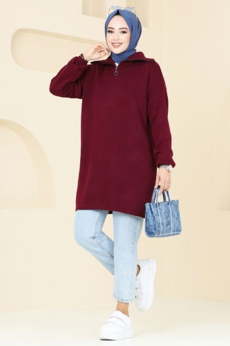 moda selvim Yarım Fermuarlı Triko Tunik 11043BRZ597 Bordo - Thumbnail