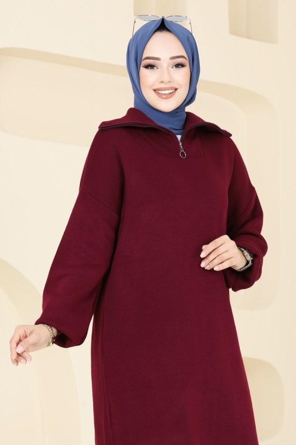 Yarım Fermuarlı Triko Tunik 11043BRZ597 Bordo - 3