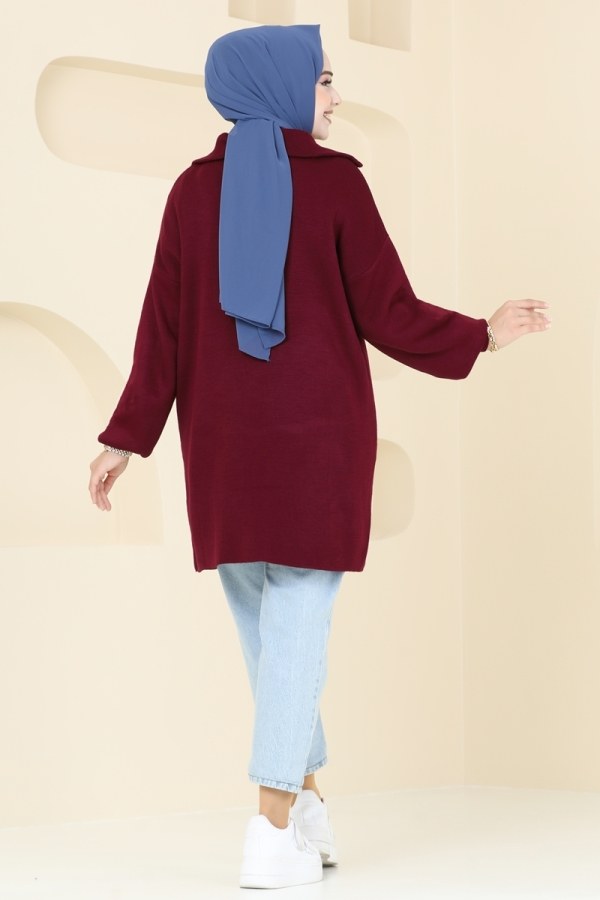 Yarım Fermuarlı Triko Tunik 11043BRZ597 Bordo - 4