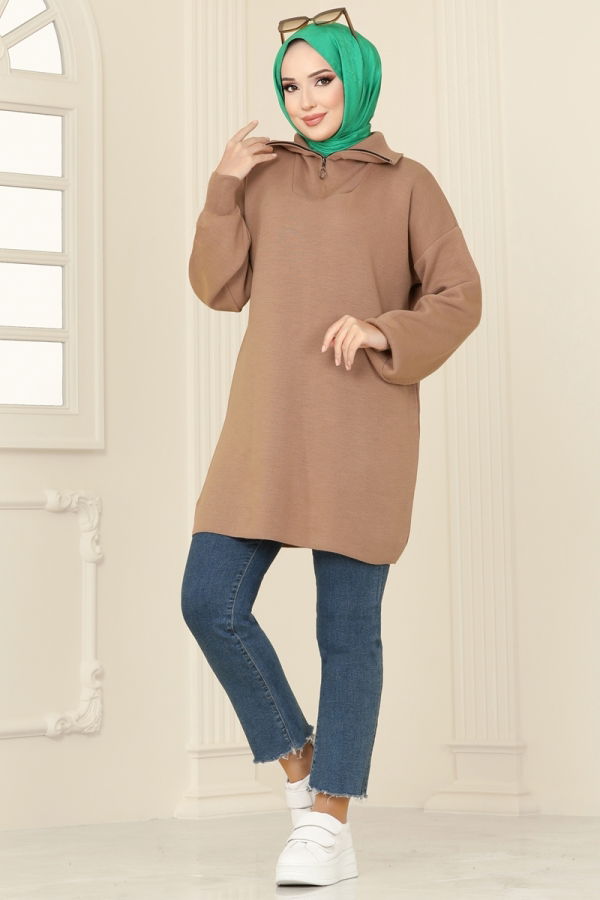 Modaselvim Tunik Yarım Fermuarlı Triko Tunik 11043BRZ597 Latte