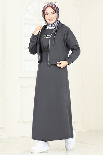 moda selvim Yazı Baskılı Elbise Takım 2596SL432 Antrasit - Thumbnail