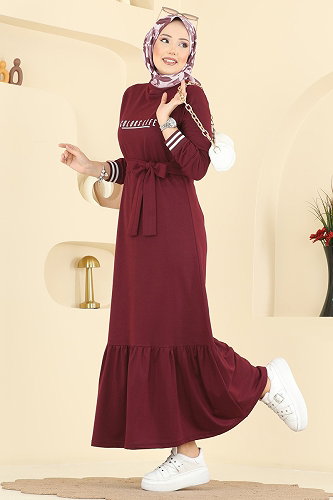 moda selvim Yazı Baskılı İki İplik Elbise 715PM271 Açık Bordo - Thumbnail