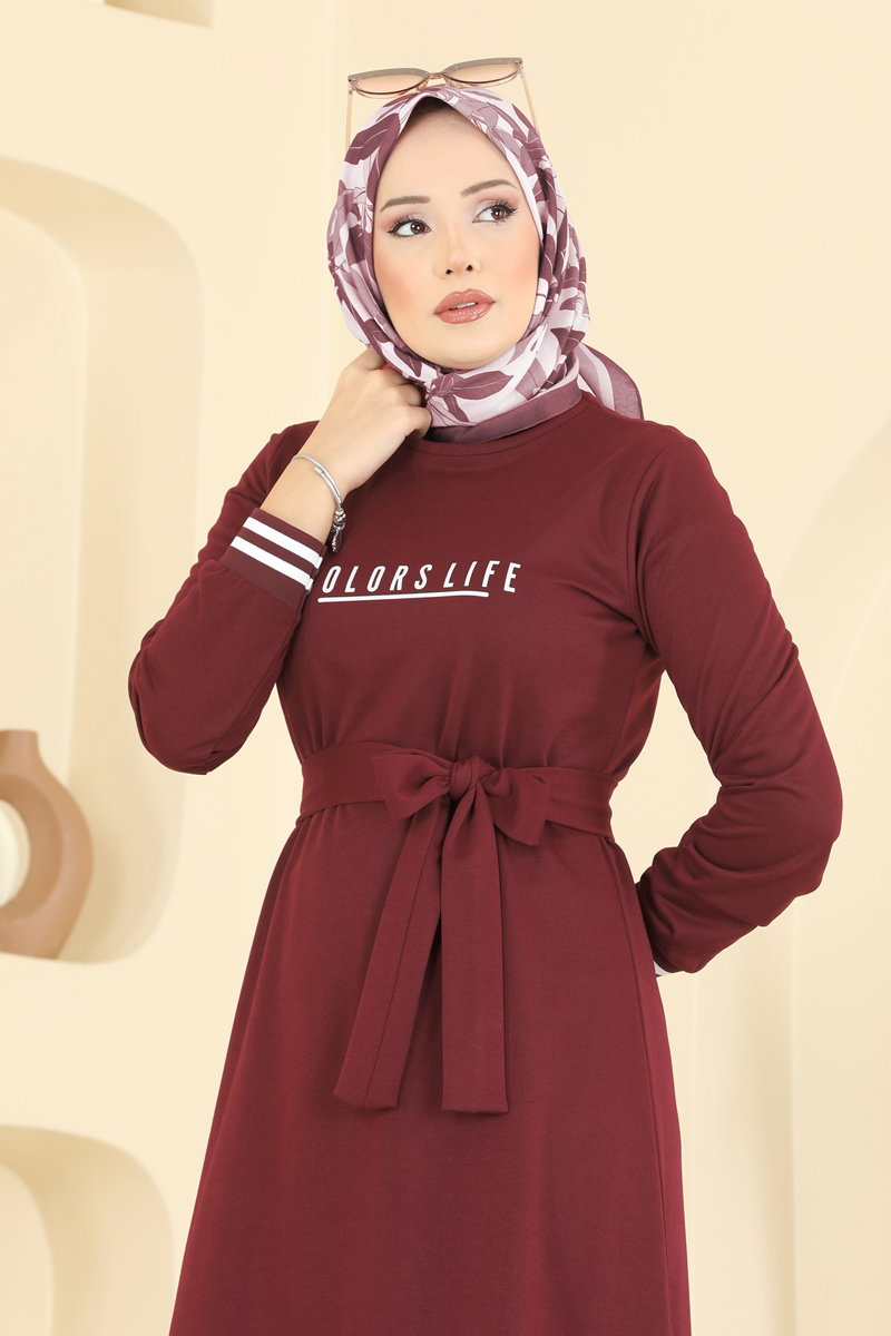 Yazı Baskılı İki İplik Elbise 715PM271 Açık Bordo - Moda Selvim