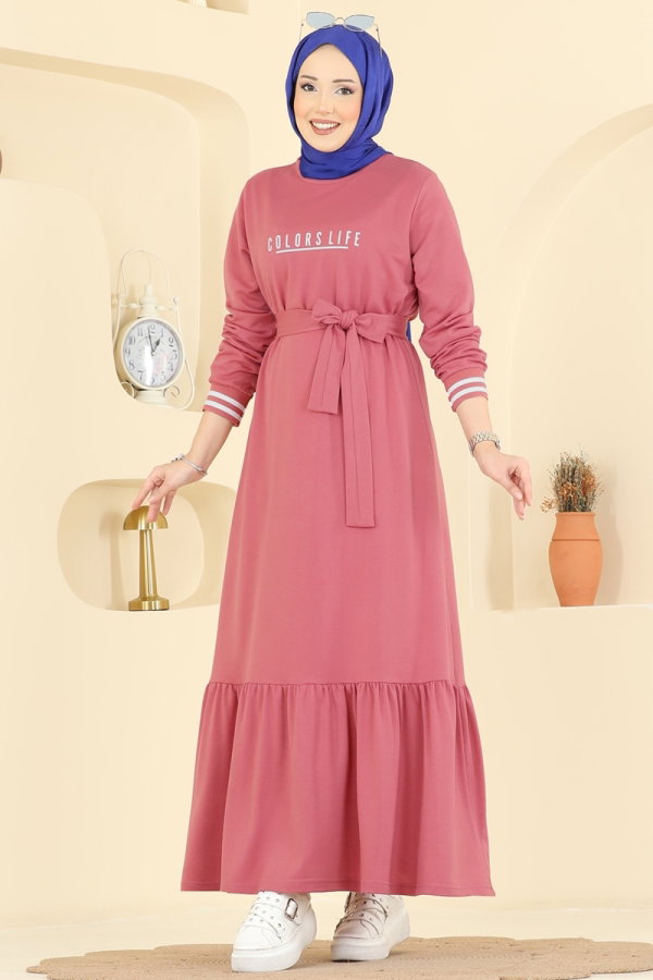 Yazı Baskılı İki İplik Elbise 715PM271 Gül Kurusu - Moda Selvim