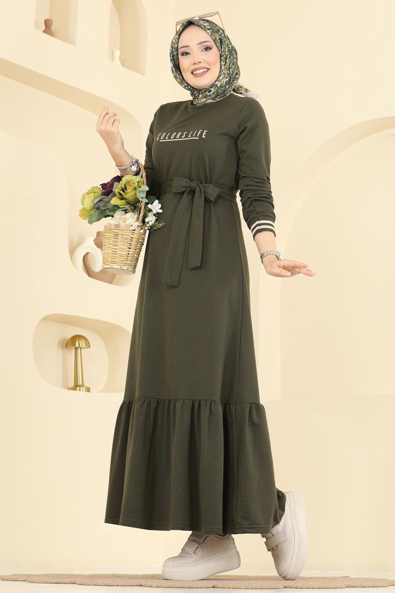 ♡② Yazı Baskılı İki İplik Elbise 715PM271 Haki - Moda Selvim