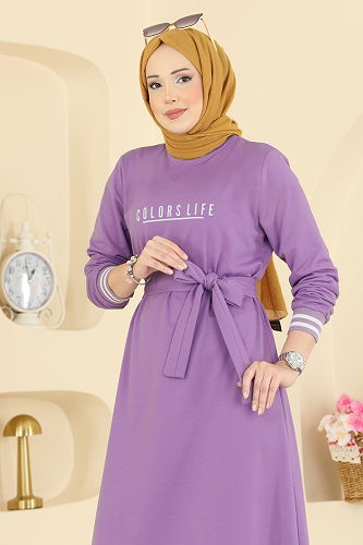 moda selvim Yazı Baskılı İki İplik Elbise 715PM271 Lila - Thumbnail