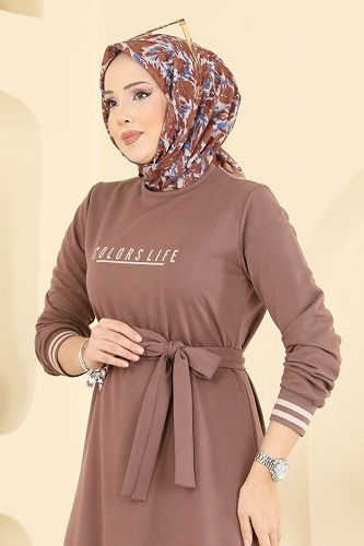 moda selvim Yazı Baskılı İki İplik Elbise 715PM271 Pudra Vizyon - Thumbnail