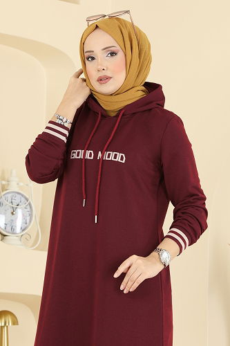 moda selvim Yazı Baskılı İki İplik Elbise 717PM271 Bordo - Thumbnail