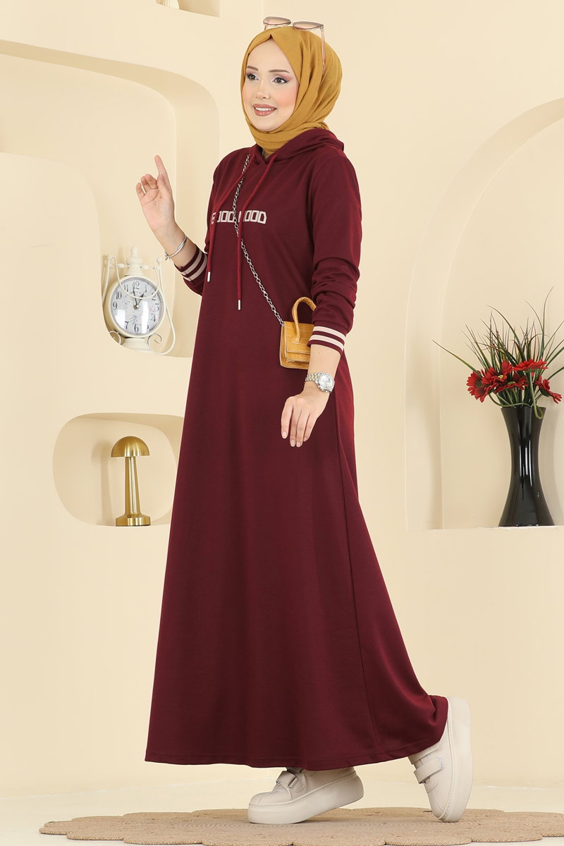 Yazı Baskılı İki İplik Elbise 717PM271 Bordo