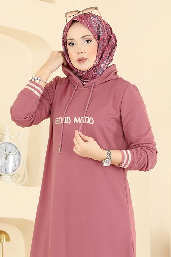 moda selvim Yazı Baskılı İki İplik Elbise 717PM271 Koyu Gül Kurusu - Thumbnail