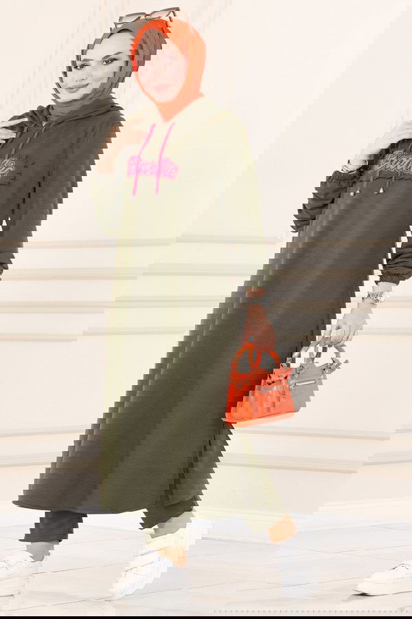 Modaselvim SEPETTE NET %20 + %10 İNDİRİM Yazı Baskılı İkili Takım 5328TMR472 Haki