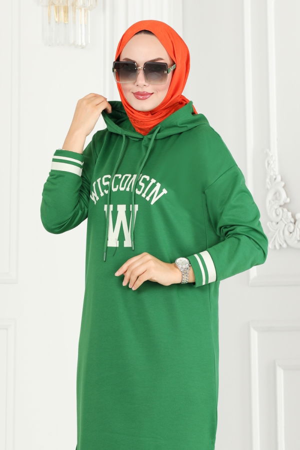 Yazı Baskılı Kapşonlu Tunik 5065UZ662 Benetton Yeşili&Ekru - 3