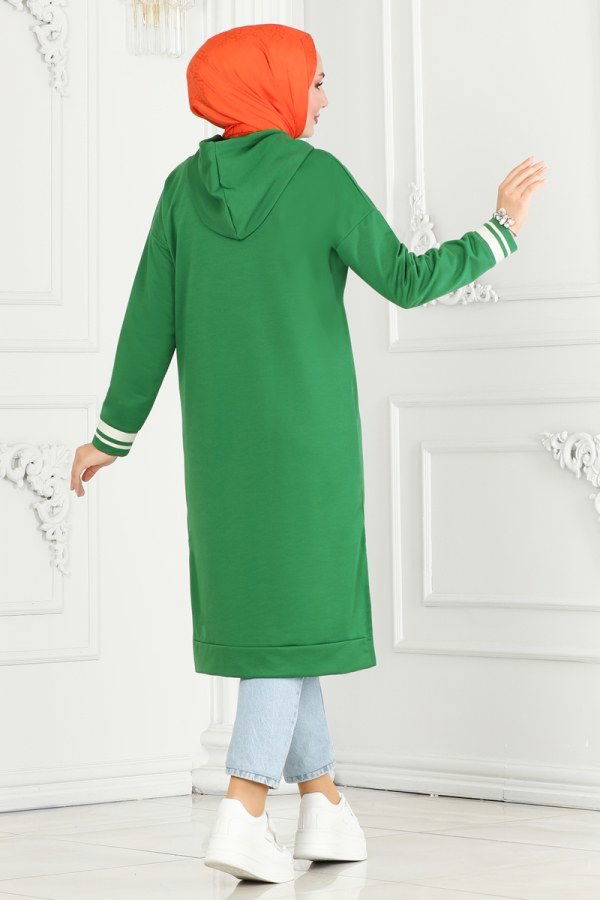 Yazı Baskılı Kapşonlu Tunik 5065UZ662 Benetton Yeşili&Ekru - 4