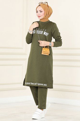 moda selvim Yazı Baskılı Spor Takım 130DVL817 Haki - Thumbnail