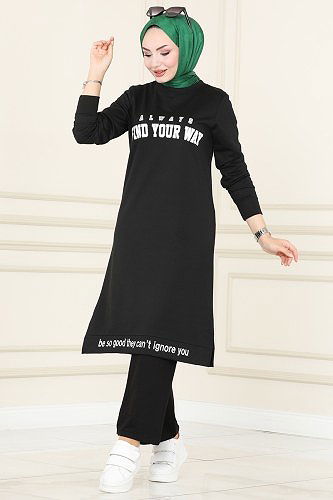 moda selvim Yazı Baskılı Spor Takım 130DVL817 Siyah&Ekru - Thumbnail