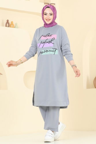 moda selvim Yazı Baskılı Spor Takım 6038UZ662 Gri - Thumbnail