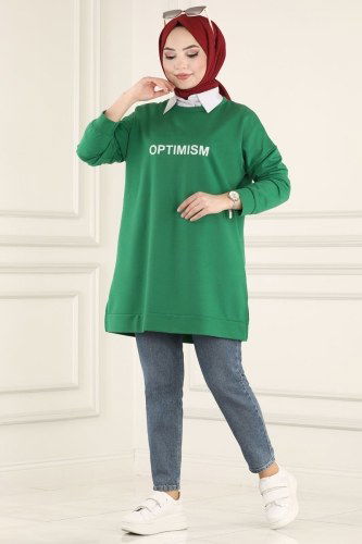moda selvim Yazı Baskılı Spor Tunik 0165UZ662 Benetton Yeşili - Thumbnail