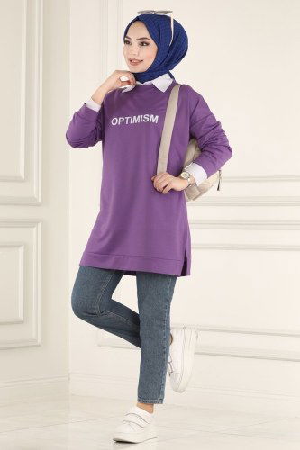 moda selvim Yazı Baskılı Spor Tunik 0165UZ662 Lila - Thumbnail