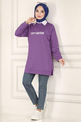 moda selvim Yazı Baskılı Spor Tunik 0165UZ662 Lila - Thumbnail