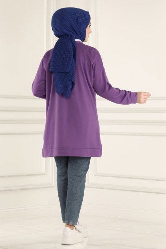moda selvim Yazı Baskılı Spor Tunik 0165UZ662 Lila - Thumbnail