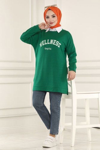 moda selvim Yazı Baskılı Spor Tunik 0166UZ662 Benetton Yeşili - Thumbnail