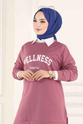 moda selvim Yazı Baskılı Spor Tunik 0166UZ662 Gül Kurusu - Thumbnail