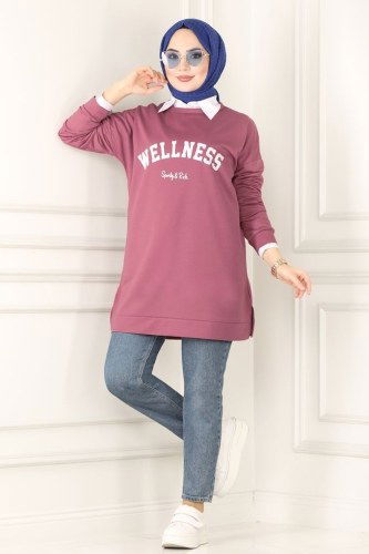 moda selvim Yazı Baskılı Spor Tunik 0166UZ662 Gül Kurusu - Thumbnail