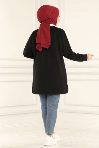 moda selvim Yazı Baskılı Spor Tunik 0166UZ662 Siyah - Thumbnail