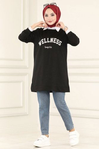 moda selvim Yazı Baskılı Spor Tunik 0166UZ662 Siyah - Thumbnail