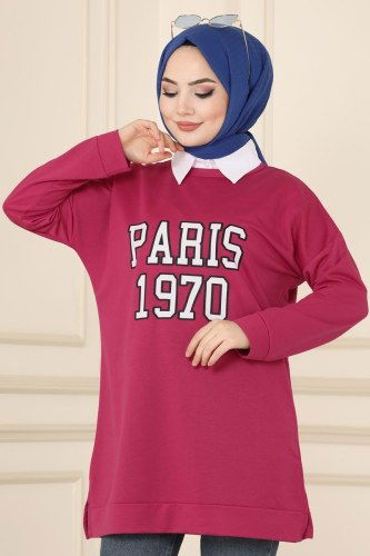 moda selvim Yazı Baskılı Tesettür Tunik 0169UZ662 Fuşya - Thumbnail