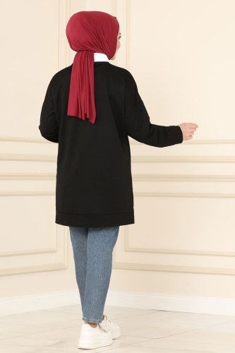 moda selvim Yazı Baskılı Tesettür Tunik 0169UZ662 Siyah - Thumbnail