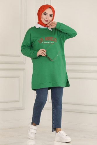 moda selvim Yandan Yırtmaçlı Tesettür Tunik 0170UZ662 Benetton Yeşili - Thumbnail