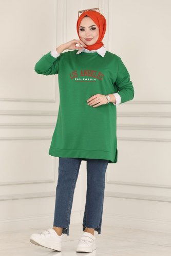 moda selvim Yandan Yırtmaçlı Tesettür Tunik 0170UZ662 Benetton Yeşili - Thumbnail